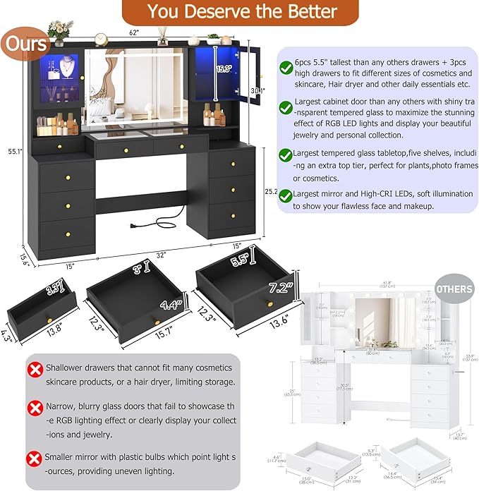 62" Large Black Vanitys Desk w/ Tempered Glass Top,60000-color LED Lights,Power Outlet, Make up Vanity w/ 3 Lights Mode LED Mirror,9 Drawers,2 RGB Cabinet LED Vanity Table for Women,Girls