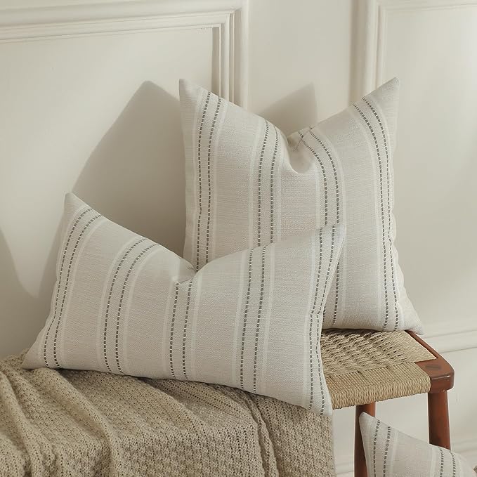 Hckot Throw Pillow Covers 20x20 Set of 2 Striped Pillow Covers Textured Linen Decorative Pillows Square Cushion Covers for Sofa Couch Bed Living Room Farmhouse Decor,Greyish Green