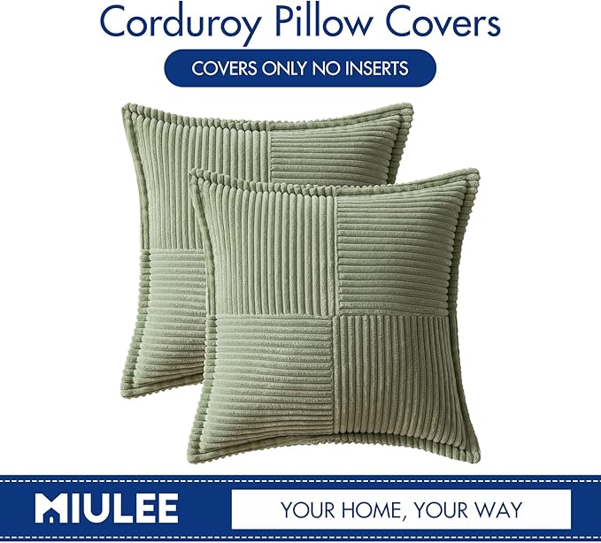 MIULEE Decorative Throw Pillow Covers for Couch Bed Livingroom 20x20 Inch Set of 2 Sage Green Boho Accent Throw Pllows Broadside Striped Patchwork Soft Corduroy Pillowcases