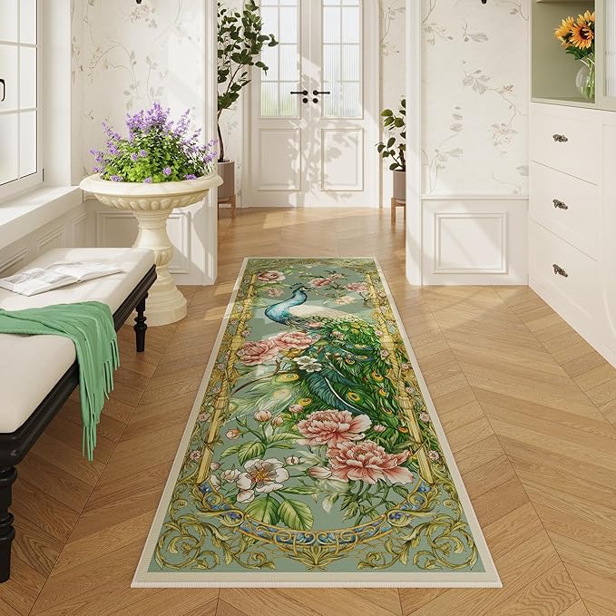 Runner Rug for Kitchen 2'6"x8' Washable Rugs with Rubber Backing Soft Floral Peacock Floral Animal Carpet Runner for Kitchen, Laundry, Bedroom, Bathroom (Mint Turquoise)