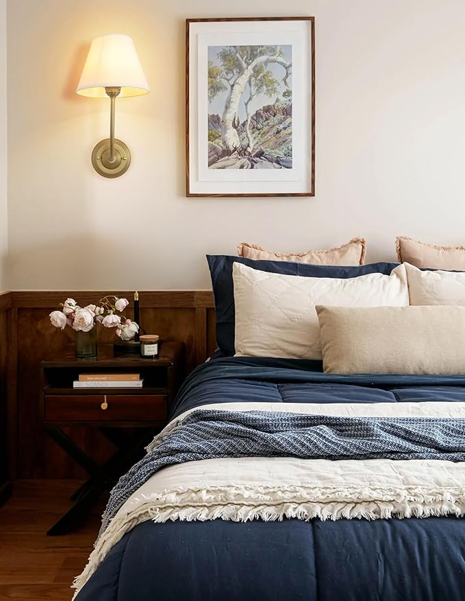 Vintage Fabric Wall Sconce Linen Cloth Shade, E26 Hardwired Indoor 1-Light Wall Mounted Lamp Fixture for Living Room Bedroom Stairs Hallway