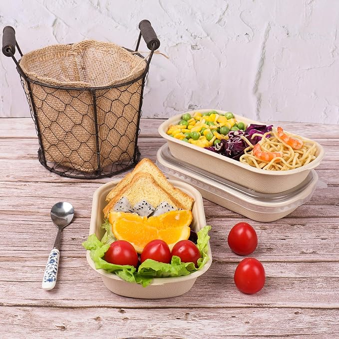 17 oz Disposable salad bowls with lids, Sugarcane Fiber Paper Bowls take away Bagasse food containers meal prep deli container 50 Pack