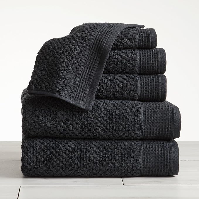 Belle Collection 6 Piece Waffle Textured 100% Cotton Towel Set | Super Soft Quick Dry Bath & Hand Towels | Decorative Washcloths for Bathroom (Black)