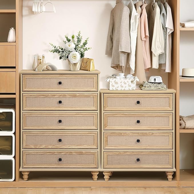 10 Drawer Dresser for Bedroom, Mid Century Modern Wide Wood Rustic Chest of Drawers Wooden Storage Organizer Dressers with Burlap Rattan Drawers for Living Room, Hallway Closet, Entryway, Natural