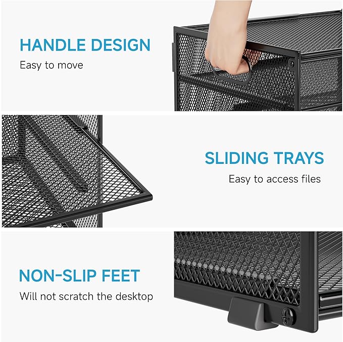 Lavatino 3-Tier Letter Tray Desk Organizer, Mesh Metal Paper File Tray Organizer for Desk, Office Supplies & Home Organization, Fits A4 Paper, Mail, Magazines & Office Accessories (Black with Handle)