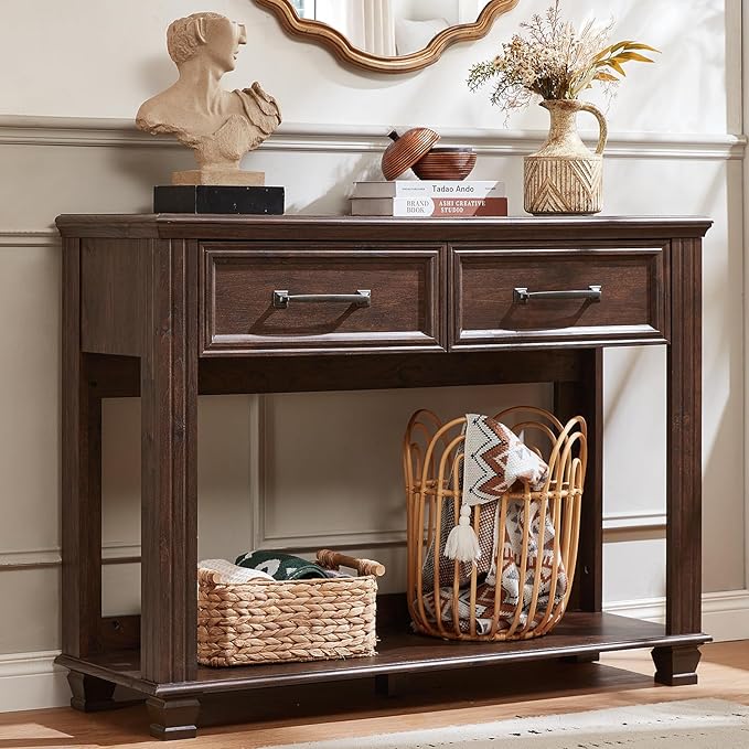 Farmhouse 46" Console Table with 2 Drawers, Rustic Wood 2 Tier Entryway Table with Open Storage Shelf for Entry, Large Mid-Century Vintage Sofa Tables Behind Couch for Living Room, Walnut