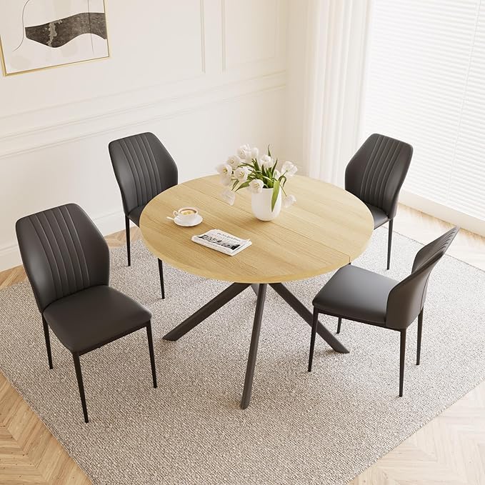 45.3 Inch Round Dining Table Set for 4, Mid Century Modern Coffee Set for Dining Room Kitchen Apartment (Cream Table + 4 Black Chairs)