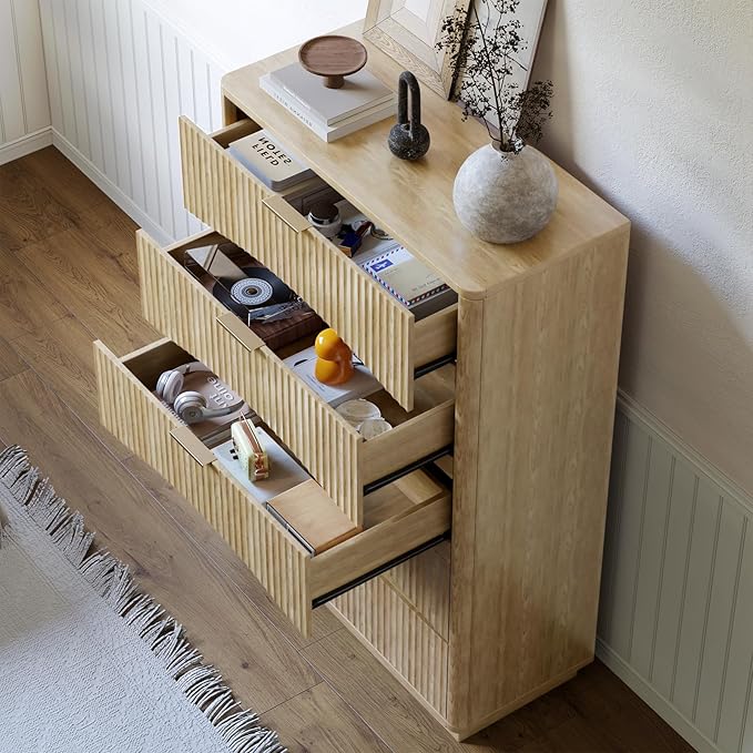 Fluted 5 Drawers Dresser, 47" Tall Wooden Dressers Storage Organizer,Modern Chest of Drawers for Bedroom with Deep Storage, Living Room,Entryway, Natural Oak