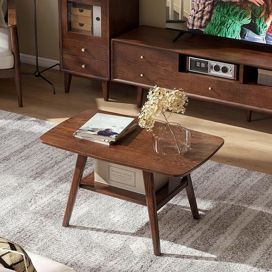 100% Solid Wood Coffee Table for Living Room, 31.5" Mid Century Modern Small Tables with Shelf Storage, Storage Coffee Table with Rounded Corners (Oak Wood Walnut Color, 31.5" L)