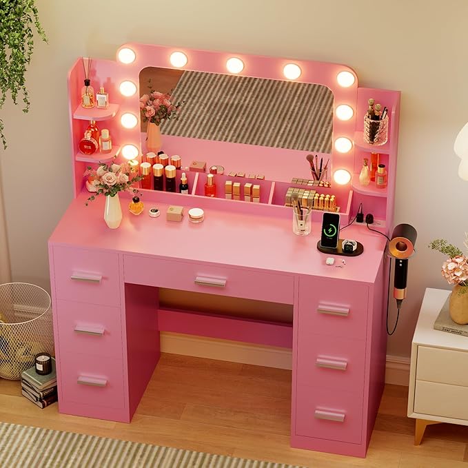 JUMMICO Makeup Vanity Desk with Large Mirror and Lights, Vanity with Power Strip and Hairdryer Holder, 6 Open Shelves and 7 Drawers Modern Dressing Table, for Bedroom (Pink)