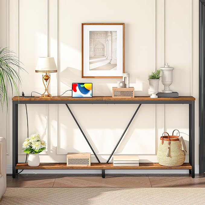 HOOBRO 78.7" Extra Long Sofa Console Table with Charging Station, 2-Tier Behind Couch Table with V-Brace, for Narrow Entryway, Hallway, Living Room, Rustic Brown BF206UXG01
