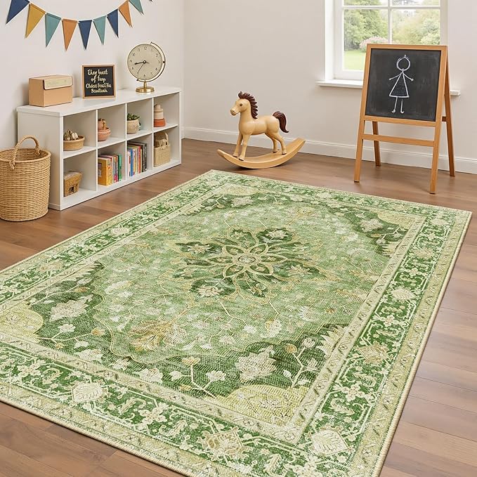 Area Rugs 6'x9' Washable Non-Slip, Floral Vintage Distress Print Pattern Medallion Carpet for Living Room Bedroom Dining Room, Sage Green Yellow