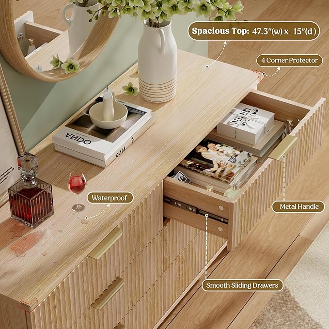 Lulive Dresser for Bedroom Wood Dressers Chest of Drawers, Fluted 53.2" Wide Modern Long Dresser TV Stand 6 Drawers for Bedroom, Closet, Living Room, Hallway (Natural)