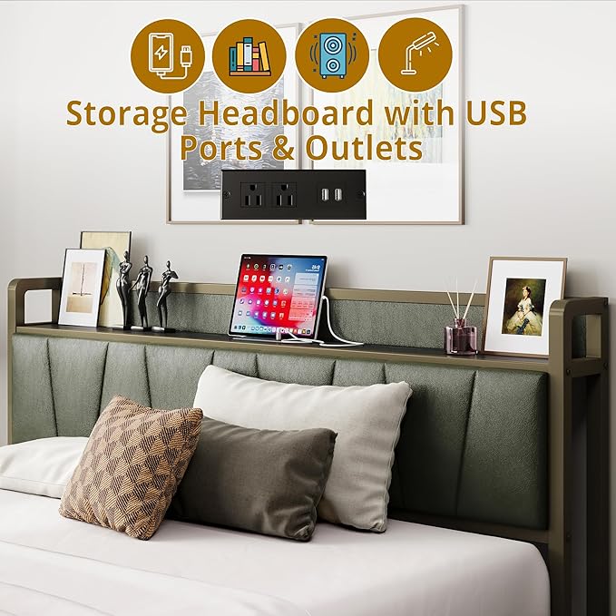 LIKIMIO Full Bed Frame, Storage Headboard with Charging Station, Solid and Stable, Noise Free, No Box Spring Needed, Easy Assembly (Dark Green)