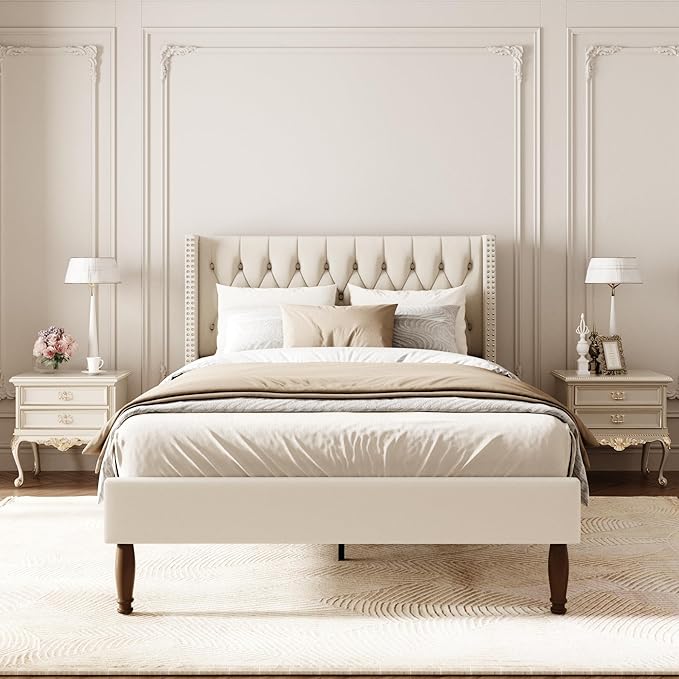 Full Size Velvet Upholstered Bed Frame, 49.2" Tall Wingback Headboard, Deep Button Tufted, No Box Spring Needed, Solid Wood Legs, White