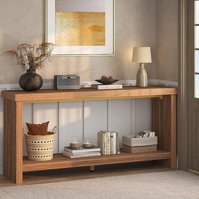 63 Inches Narrow Console Table, 2-Tier Long Sofa Tables Behind Couch Table, Farmhouse Foyer Tables for Entryway, Hallway, Living Room, Rustic Brown