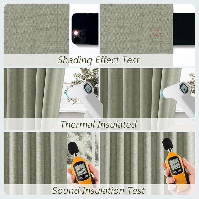 Sage Green Linen Blackout Curtains 42 Inch Wide by 90 Inch for Living Room Bedroom Back Tab Thermal Insulated 100% Black Out Linen Drapes Room Darkening Window Curtains White