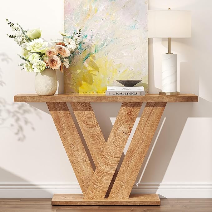 karlott 51 Inch Console Table, Farmhouse Entryway Table with V-Shaped, Wood Sofa Table Behind Couch Table, Narrow Entryway Accent Table for Living Room, Hallway, Entrance, Foyer, Brown