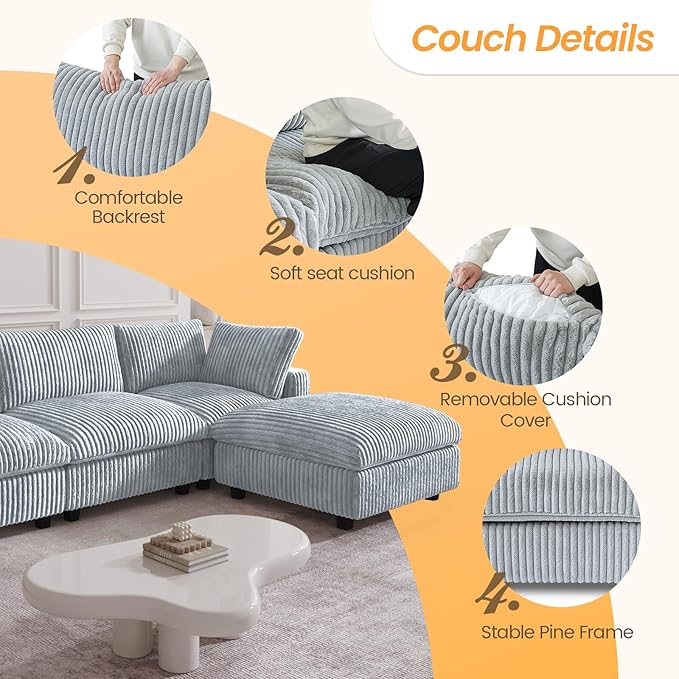 JACH 118" L Shape Sectional Couch, Convertable Modular Couches with Chaise Ottoman, Modern Deep Seat Sofas, Sofa Covers Washable, Minimalist Plush Couch for Living Room, Apartment, Light Grey