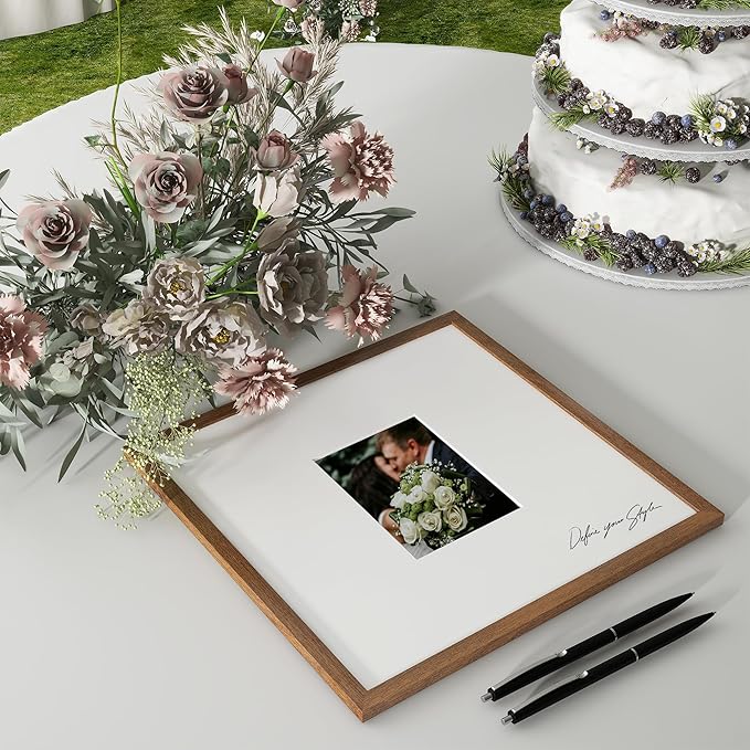 Axeman 14x14 Signature Picture Frame - Solid Oak Wood 14x14 Picture Frame With Mat to 5x7, Graduation Wedding Birthday Guest Book Party Signing, Hanging Hardware Included, Walnut