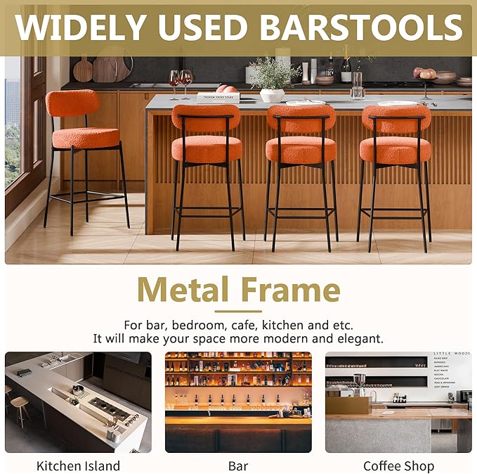 DYHOME Bar Stools Set of 3, 24 Inches Modern Counter Height Bar Stools with Curved Back Metal Legs, Orange Upholstered Boucle Barstools for Kitchen Island, Cafe