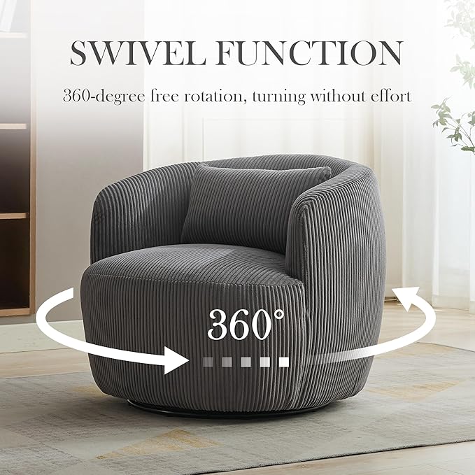 Aoiy & Wifon 34.25" W Swivel Barrel Chair, Upholstered Round Small Accent Chair, Single Comfy Barrel Chair for Living Room, Corduroy, Charcoal