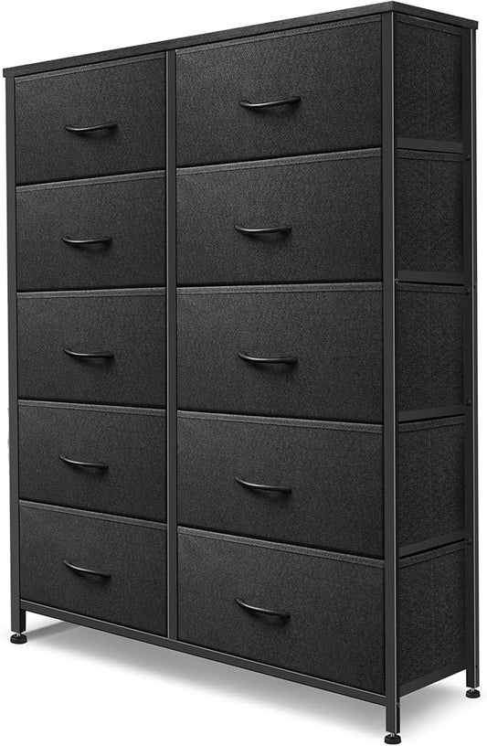 Dresser for Bedroom with 10 Drawers, Chest of Drawers, Storage Drawers Organizer Unit, Black Wide Fabric Dresser with Fabric Bins for Closet, Living Room, Entryway (Black and Charcoal Black)