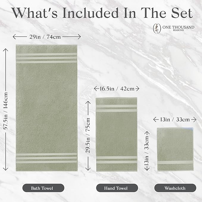 Zero Twist Bathroom Towel Set - Luxury Bath Towel Sets for Bathroom, Hands, and Washcloths - Quick Dry and Absorbent - 6 Pieces, 3 Stripe, Sage