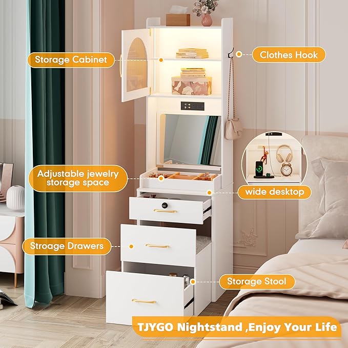 KAMABOKO Vanity Desk with Mirror and Lights, Large Makeup Vanity Table Set with Drawers & Cabinets & Power Outlet, 3 LED Lights Modes Adjustable (029 White)