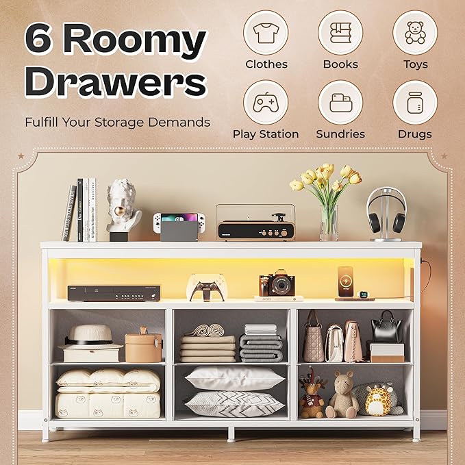 Huuger LED TV Stand for Bedroom, 47 Inch Dresser TV Stand for 43, 50, 55 Inch TV, White TV Stand with Storage, Entertainment Center with Power Outlets, 6 Drawer Fabric Dresser for Living Room