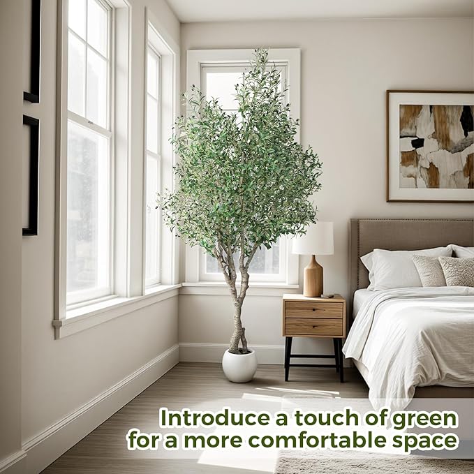 Artificial Olive Tree 8FT, Indoor Fake Silk Plant with Realistic Trunk, Leaves, Fruits and White Planter, Faux Potted Tree for Home Decor and Housewarming Gift, 1 Pack