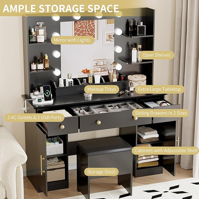 Vanity Desk with Mirror and Lights, 43'' Black Makeup Dressing Table Set with 5 Drawers & Chair, Power Outlet, 3 Lighting Modes Adjustable Brightness & RGB LED for Women Girls Bedroom Bathroom