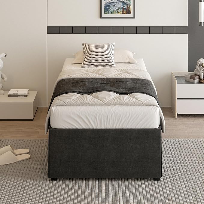 18 Inch Twin Bed Frames with Black Bed Cover, Metal Twin Size Bed Frame No Box Spring Needed, Heavy Duty Mattress Foundation, Easy Assembly, Noise Free