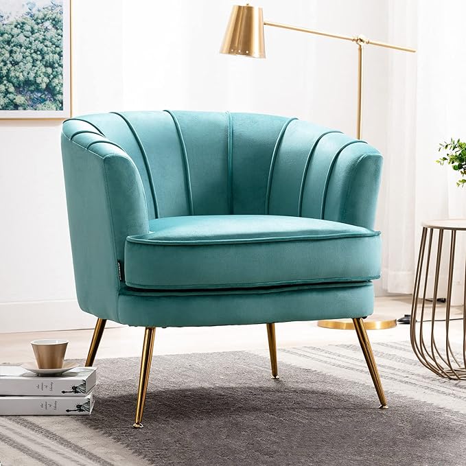 Velvet Barrel Accent Chair Comfy Club Armchair Modern Lounge Reading Chair with Gold Legs for Living Room/Bedroom, Dark Teal
