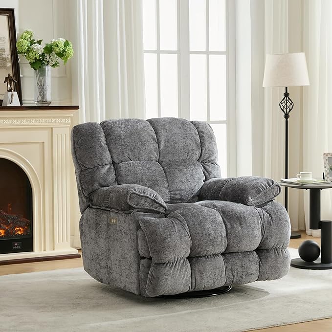 GINGO Power Oversized Recliner Chair, Extra Wide Swivel Rocking Recliner Chair, Breathable Soft Fabric Modern Single Sofa for Living Room, 90°-140° Electric Adjustable Angle, USB & Type-C Port, Gray