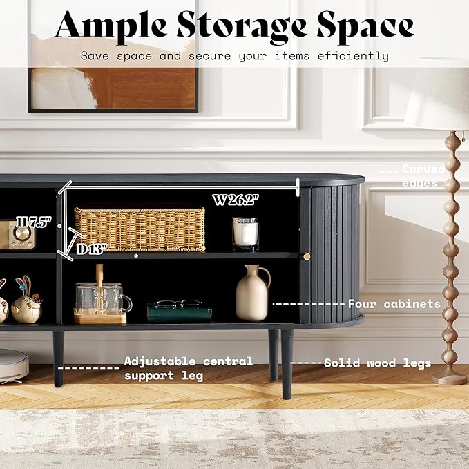 AMERLIFE 70" TV Stand with Solid Wood Legs, Mid Century Modern TV Console with Tambour Door for 80-inch TV, Dust-Proof Storage Cabinet for Living Room, Embossed Black