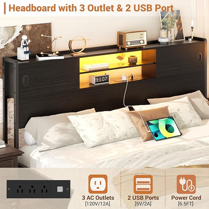 Homieasy Headboard for King Size Bed with Storage, Sturdy Bookcase Headboards with Outlet, USB & LED Light, King Size Headboard Only, Head Board with Sliding Doors & Bed Adapter for Bedroom, Black