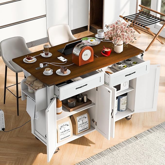 Merax 53.5" Kitchen Cart Island on Wheels with Power Outlet,Drop Leaf,Spice Rack,Farmhouse Wood Frame Storage Cabinet for Dining Room