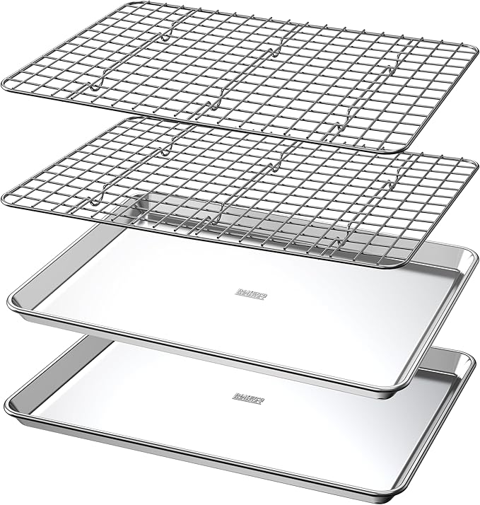 100% Recycled Aluminum by Baker's Secret, Bakeware Set 4pcs, 2x Baking Trays for Oven Cookie Sheet 18" with 2x Stainless Steel Rack, Non Toxic- PTFE,PFAS,PFOA Free - The Natural Aluminum Collection