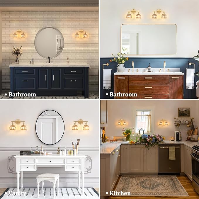 Bathroom Light Fixtures, 2-Light Brass Vanity Wall Light Over Mirror with Amber Tulip Glass Shade for Bedroom Living Room