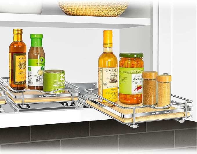 LYNK PROFESSIONAL® Élite™ Pull Out Spice Rack Organizer for Inside Kitchen Cabinets - 8-1/4 inch Wide - Slide Out Drawer – Wood/Chrome Sliding Spice Cabinet Organization Shelf Racks - 1 Tier