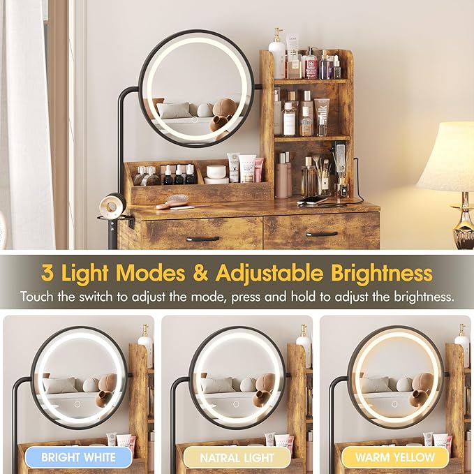 Makeup Vanity Desk with Round Mirror and Lights, Vanity Makeup Table with 2 Drawers, Small Vanity Table for Bedroom with Lots Storage (Brown with Charging, 15.75 * 31.5 * 53.6in)