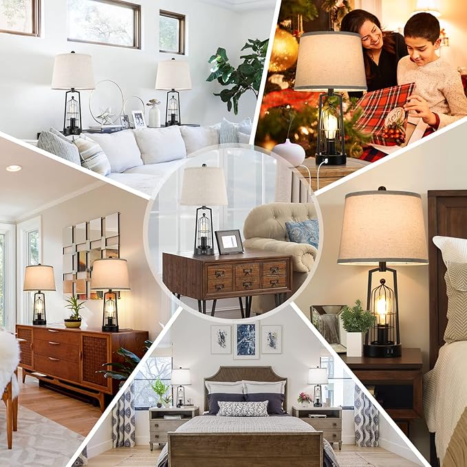 Farmhouse Table Lamps with 2 USB Ports, Set of 2 Rustic Industrial Desk Lamp for Living Room, 2-Light Black Bedside Lamp, Bedroom Nightstand Lamp with Beige Lampshade for House Decor, Reading