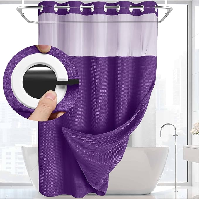 YellyHommy No Hook Shower Curtain with Snap in Liner Set Less Time Waffle Shower Curtain for Bathroom 75" L x 72" W Deep Purple