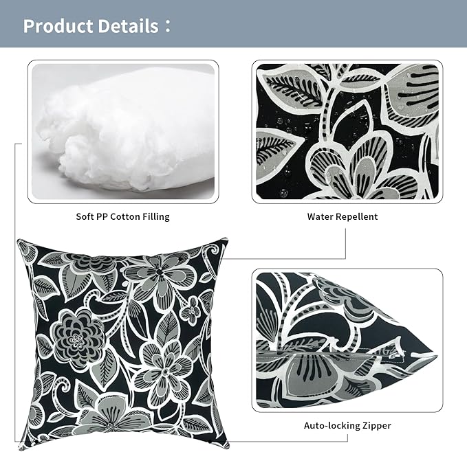 Outdoor Pillows for Patio Furniture 20x20 inch, Square Outdoor Throw Pillows with Inserts, Decorative Patio Pillows for Garden Couch Home Sofa Office Chair, Pack of 2,Flower Black