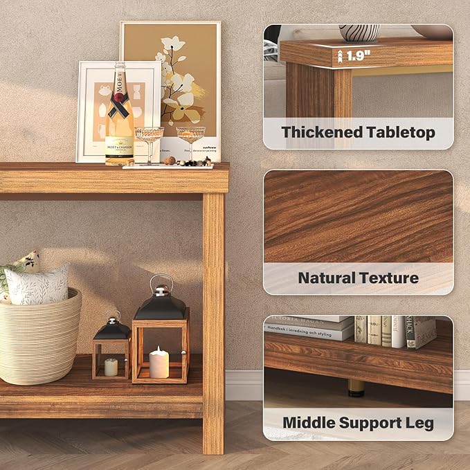 63 Inches Narrow Console Table, 2-Tier Long Sofa Tables Behind Couch Table, Farmhouse Foyer Tables for Entryway, Hallway, Living Room, Rustic Brown