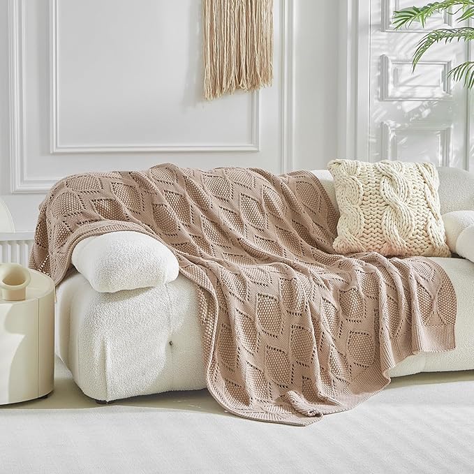 Longhui bedding Chunky Cotton Knit Throw Blanket for Couch, Sofa, Bed, or Chair, Decorative Breathable Fall Cable Knit Blanket 60 x 80 Inches, Pink Rose