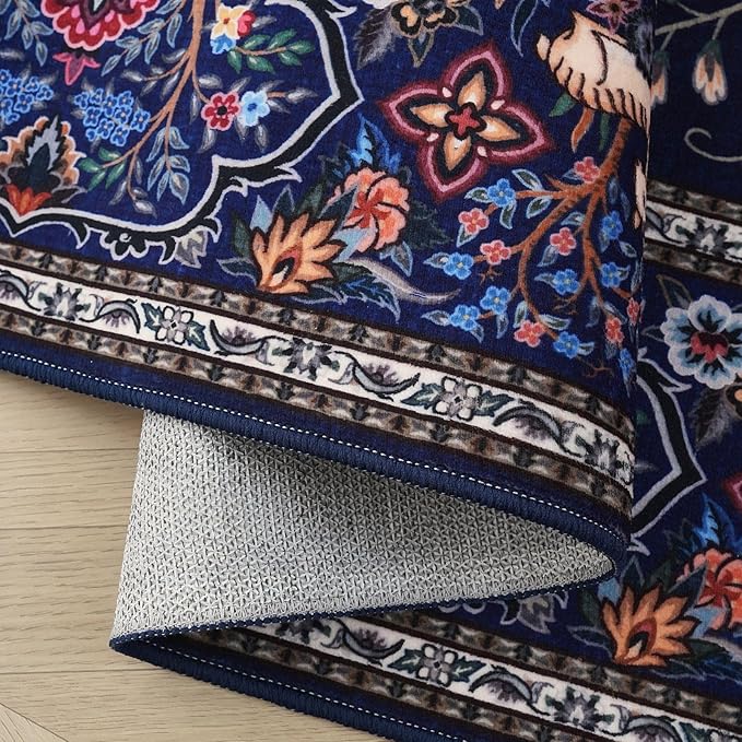 Area Rugs 5x7 Vibrant Tree of Life-Patterned Vintage Washable Area Rug Non Slip Low Pile Large Rugs for Living Room Bedroom Farmhouse Dining Room Kids Playroom, Blue