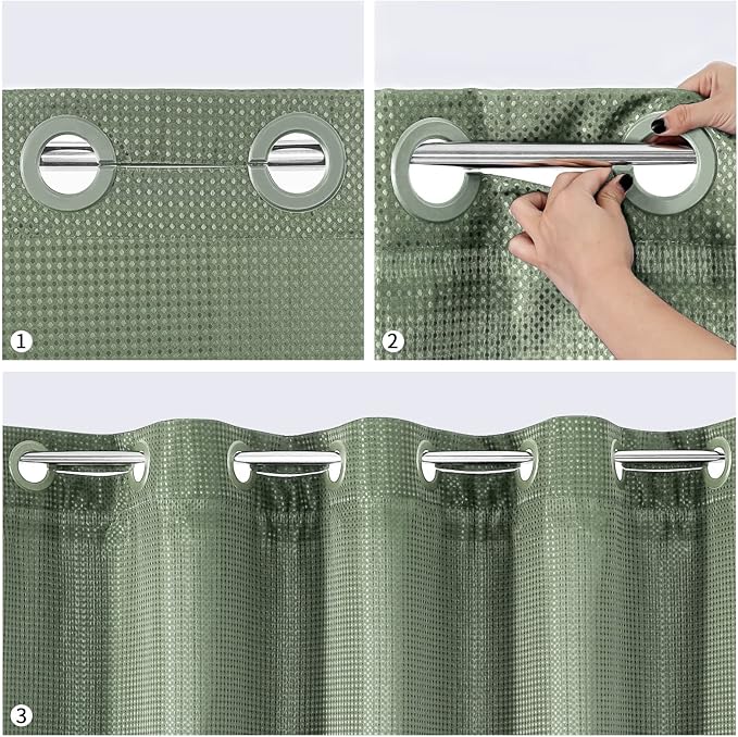 MitoVilla No Hooks Needed Extra Long Shower Curtain Set with Snap-in Liner, Sage Green 86 inch XL Waffle Fabric Shower Curtains for Luxury Hotel Grade & Spa-Like Bathroom Decor