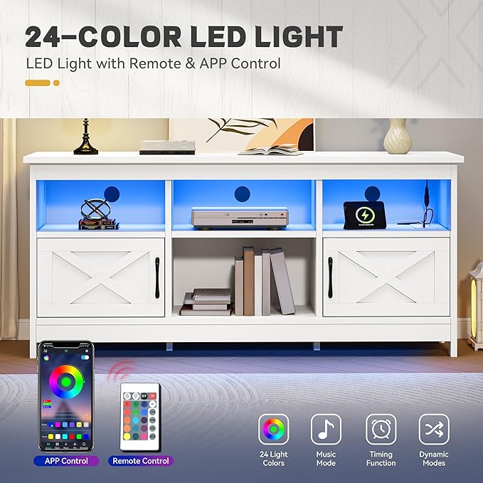 YITAHOME TV Stand for 65 Inch TVs, Entertainment Center with Storage Cabinets, Power Outlet & LED Light, Media Console Living Room Furniture, White